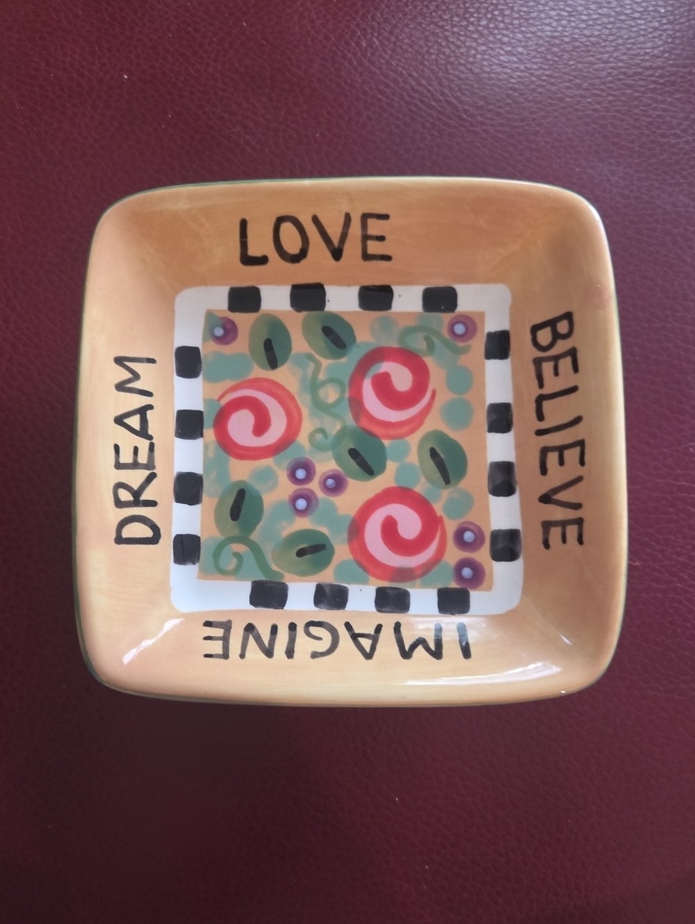 Handpainted Love, Believe, Imagine,Dream Square Trinket Dish